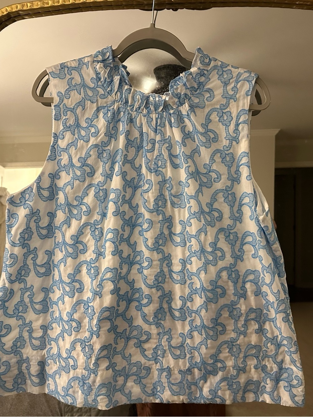 Lilly Pulitzer White Sleeveless Top with Light Blue Scroll Print and Tie Back